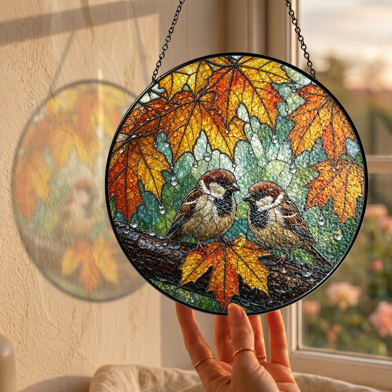 Sparrow Pair & Autumn Maple Leaves Stained Glass Suncatcher