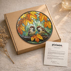 Sparrow Pair & Autumn Maple Leaves Stained Glass Suncatcher