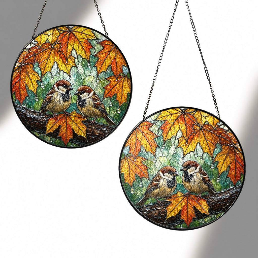 Sparrow Pair & Autumn Maple Leaves Stained Glass Suncatcher