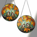 Sparrow Pair & Autumn Maple Leaves Stained Glass Suncatcher