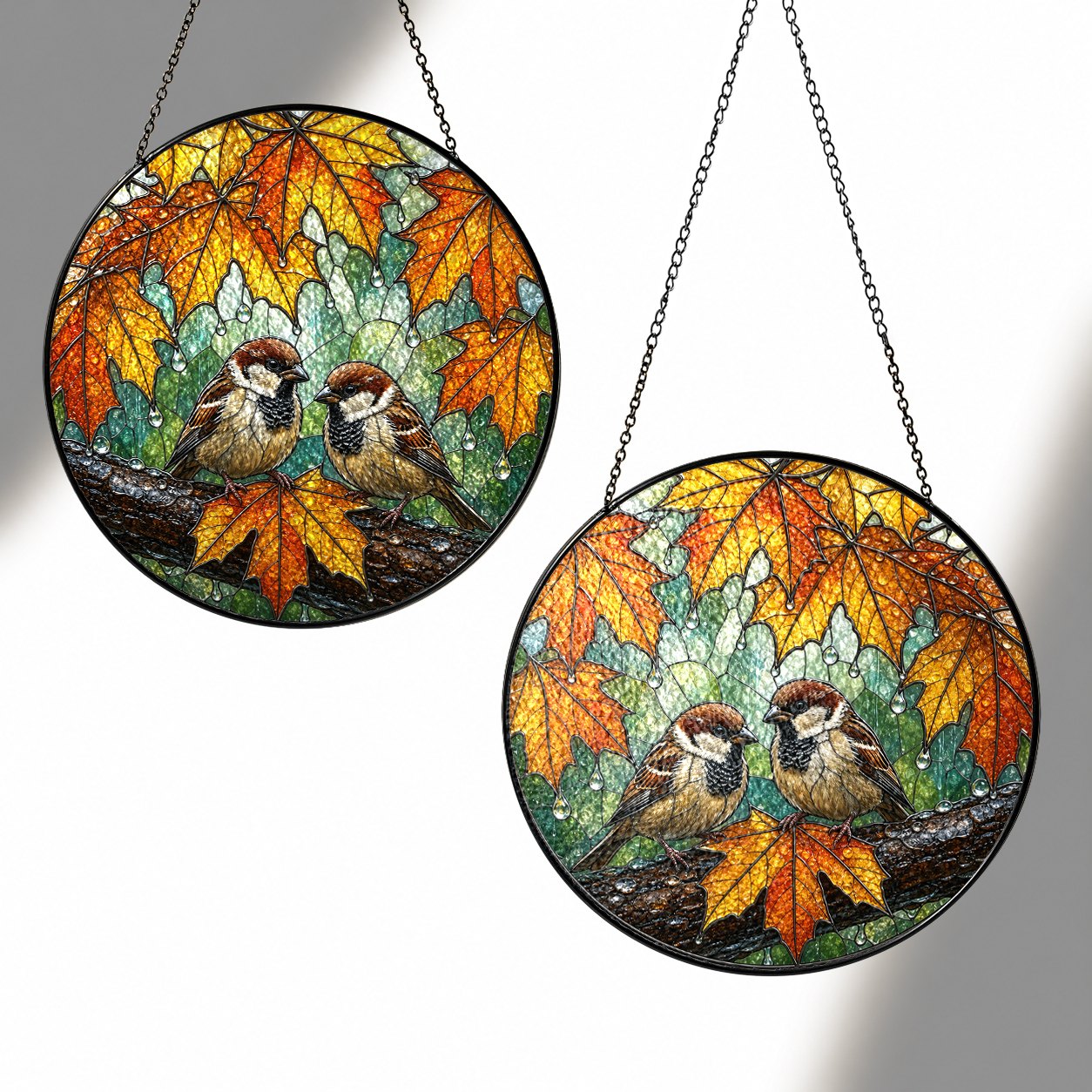 Sparrow Pair & Autumn Maple Leaves Stained Glass Suncatcher