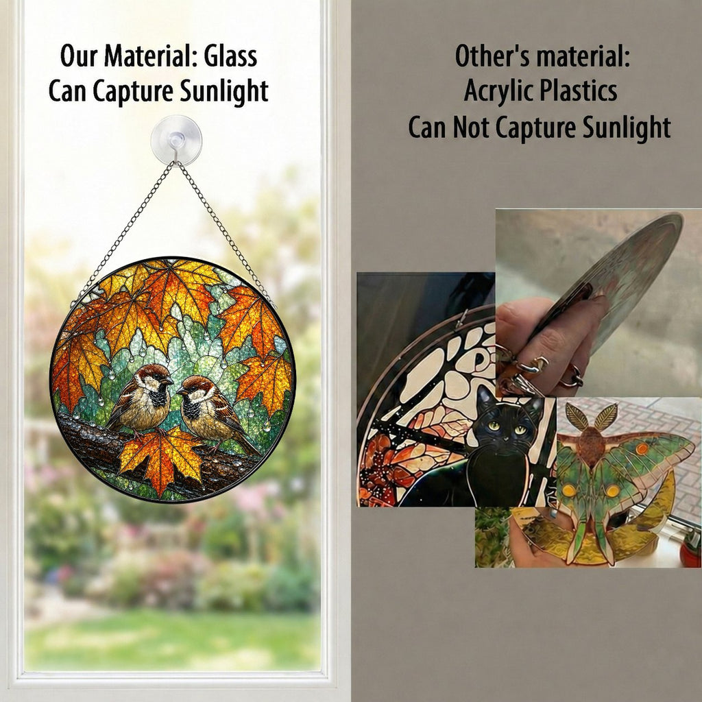 Sparrow Pair & Autumn Maple Leaves Stained Glass Suncatcher