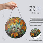 Sparrow Pair & Autumn Maple Leaves Stained Glass Suncatcher