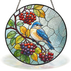 Bluebird on a red berry branch stained glass suncatcher