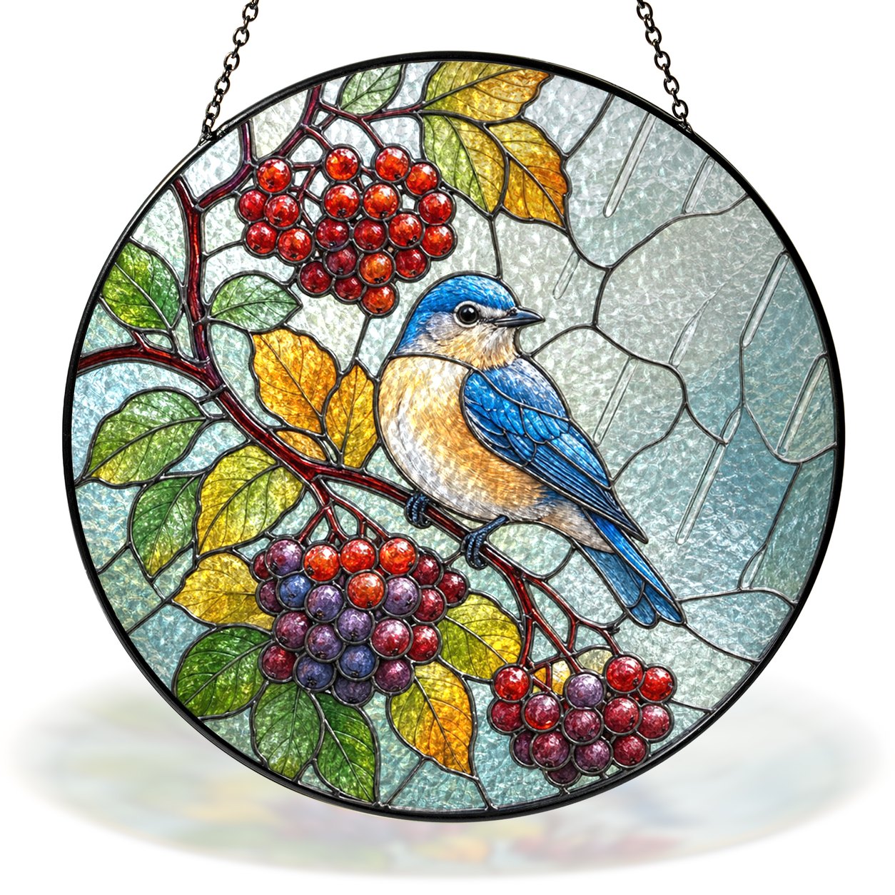 Bluebird on a red berry branch stained glass suncatcher