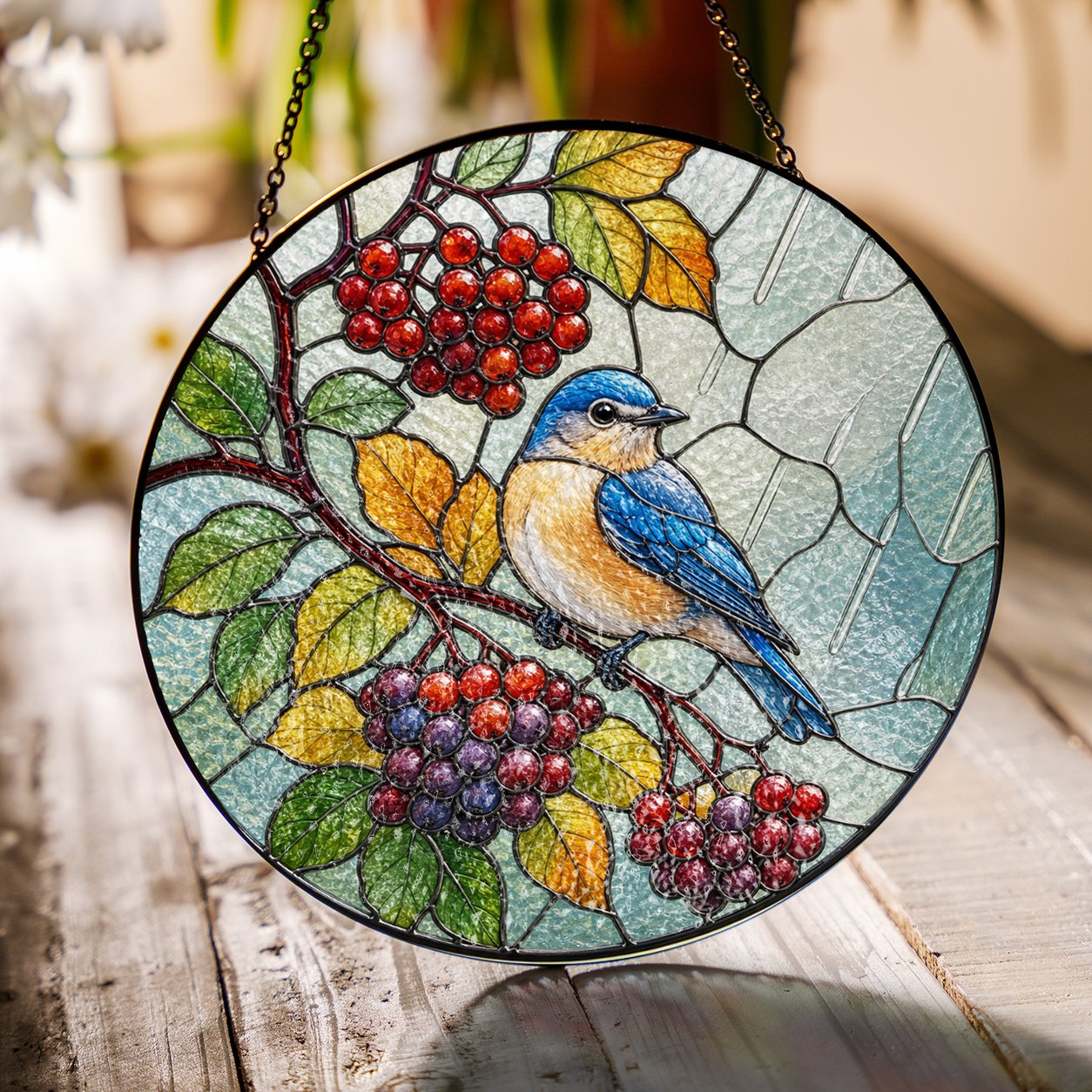 Bluebird & Berry Branch Stained Glass Suncatcher