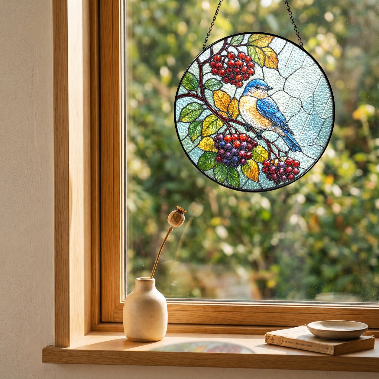 Bluebird & Berry Branch Stained Glass Suncatcher
