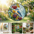 Bluebird & Berry Branch Stained Glass Suncatcher