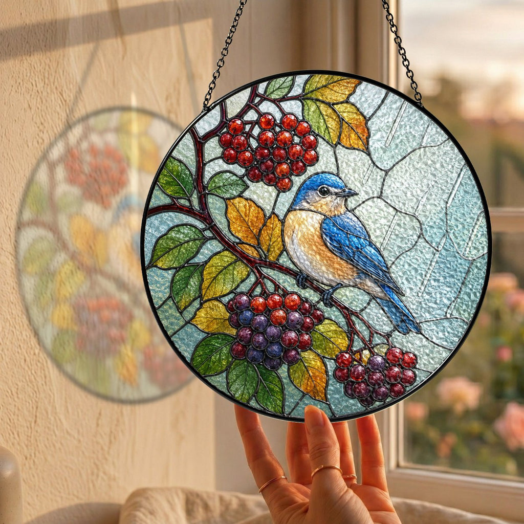 Bluebird & Berry Branch Stained Glass Suncatcher