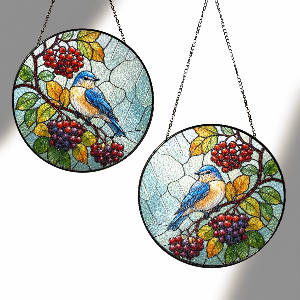 Bluebird & Berry Branch Stained Glass Suncatcher