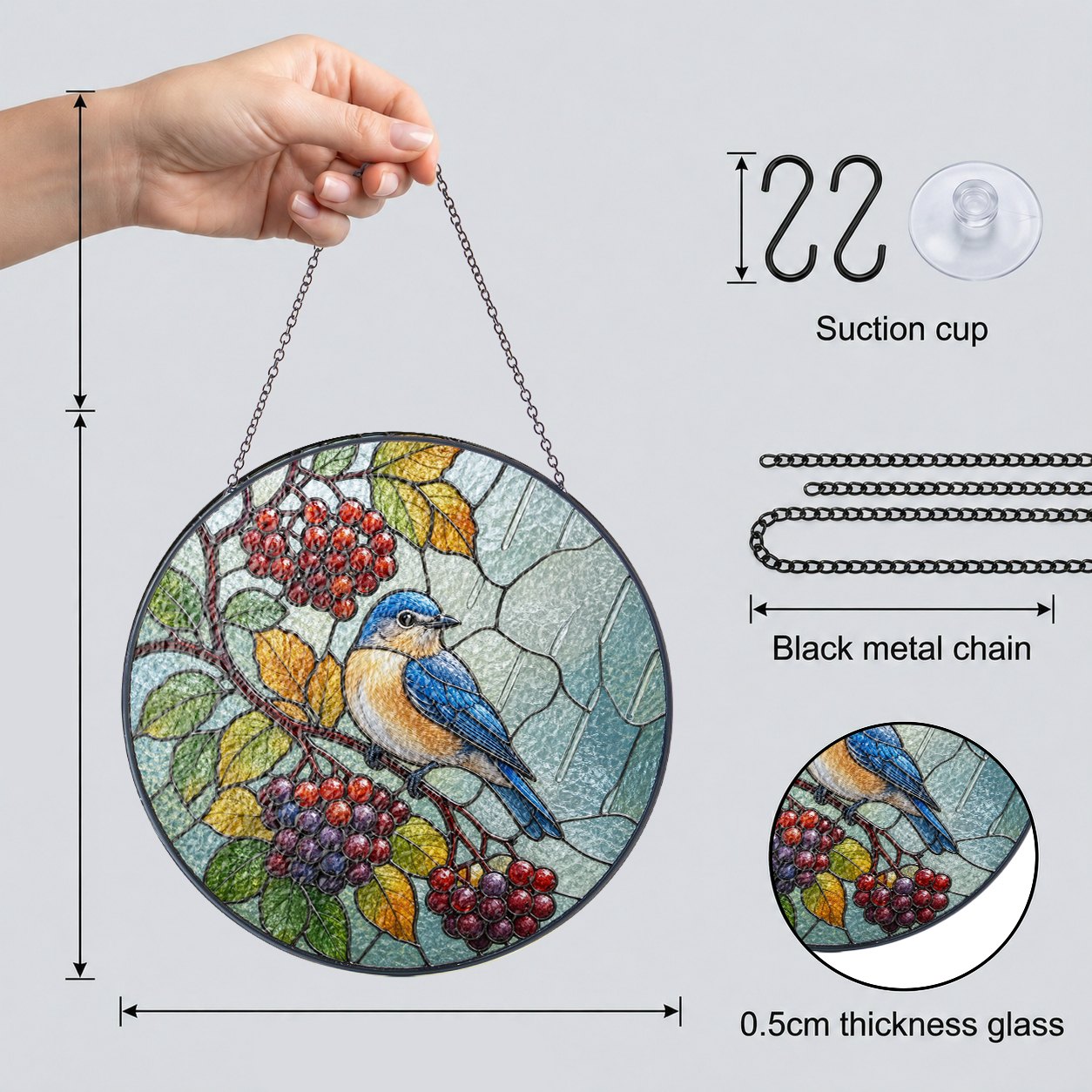 Bluebird & Berry Branch Stained Glass Suncatcher