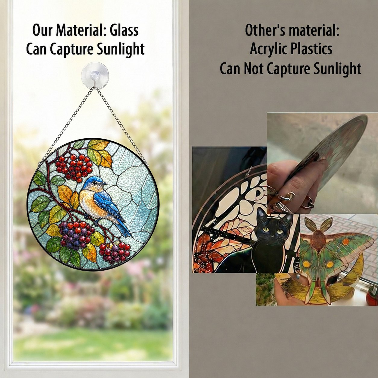 Bluebird & Berry Branch Stained Glass Suncatcher
