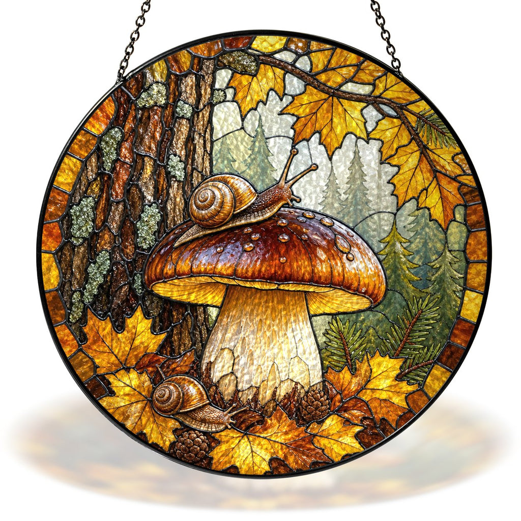 Snail on a golden forest mushroom stained glass suncatcher