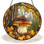 Snail on a golden forest mushroom stained glass suncatcher