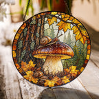 Snail on Forest Mushroom Stained Glass Suncatcher