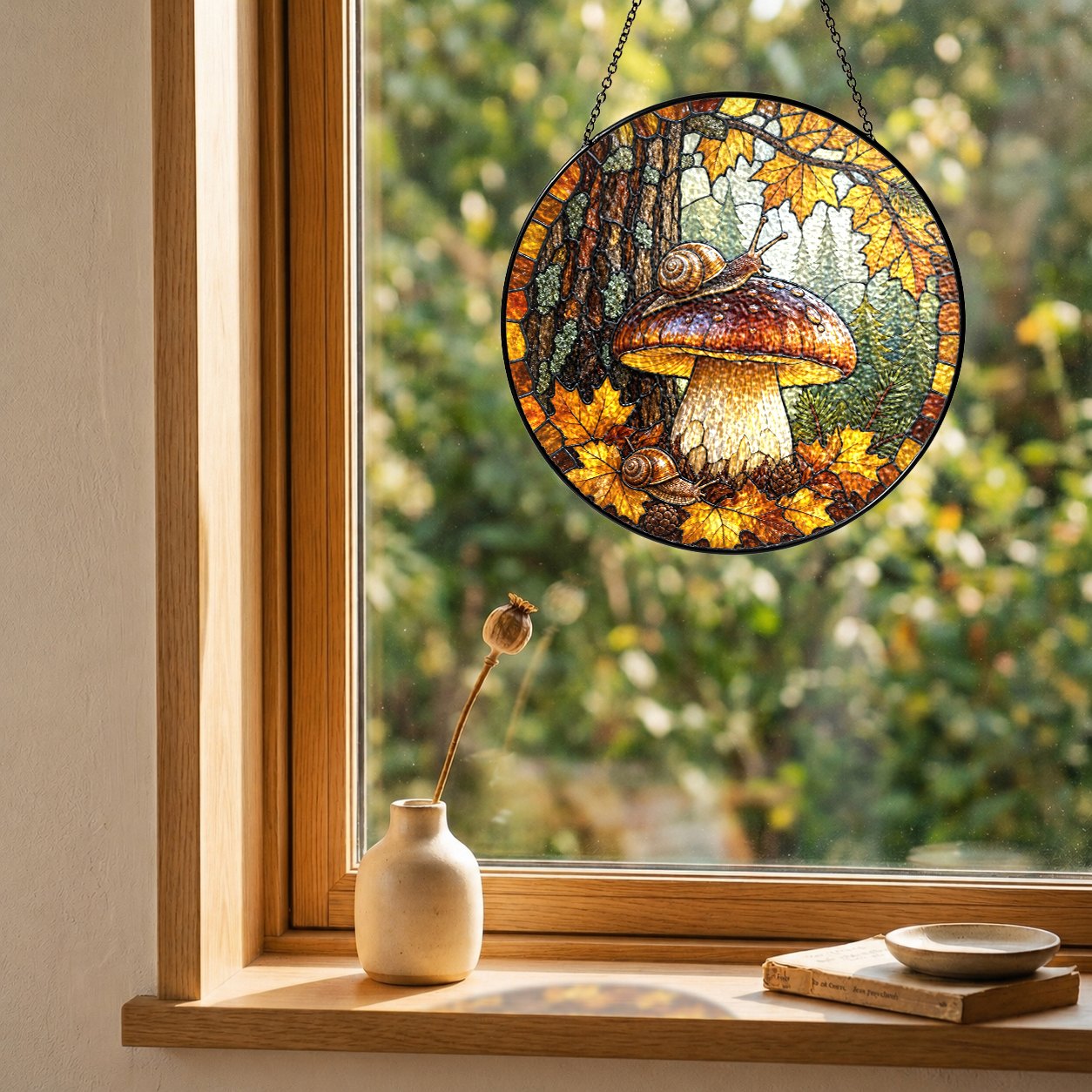 Snail on Forest Mushroom Stained Glass Suncatcher