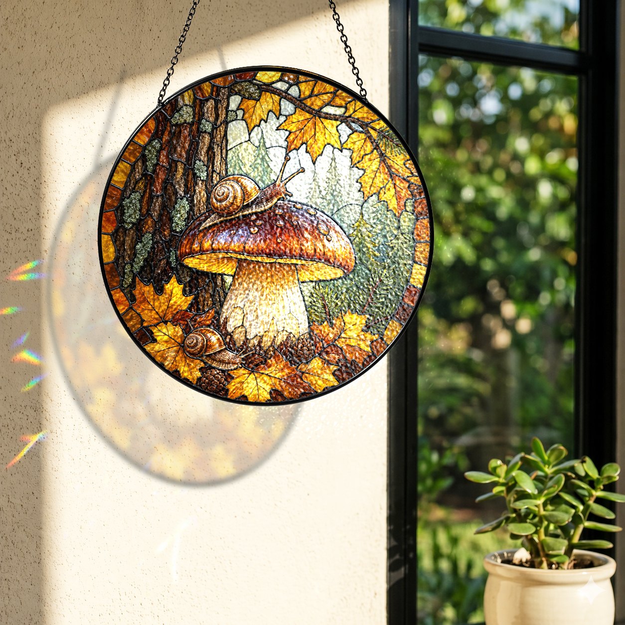 Snail on Forest Mushroom Stained Glass Suncatcher