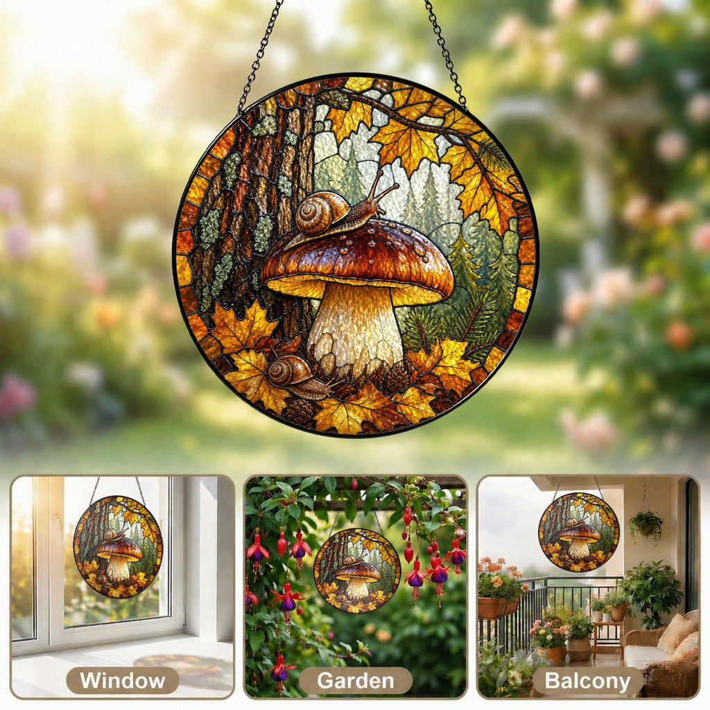Snail on Forest Mushroom Stained Glass Suncatcher