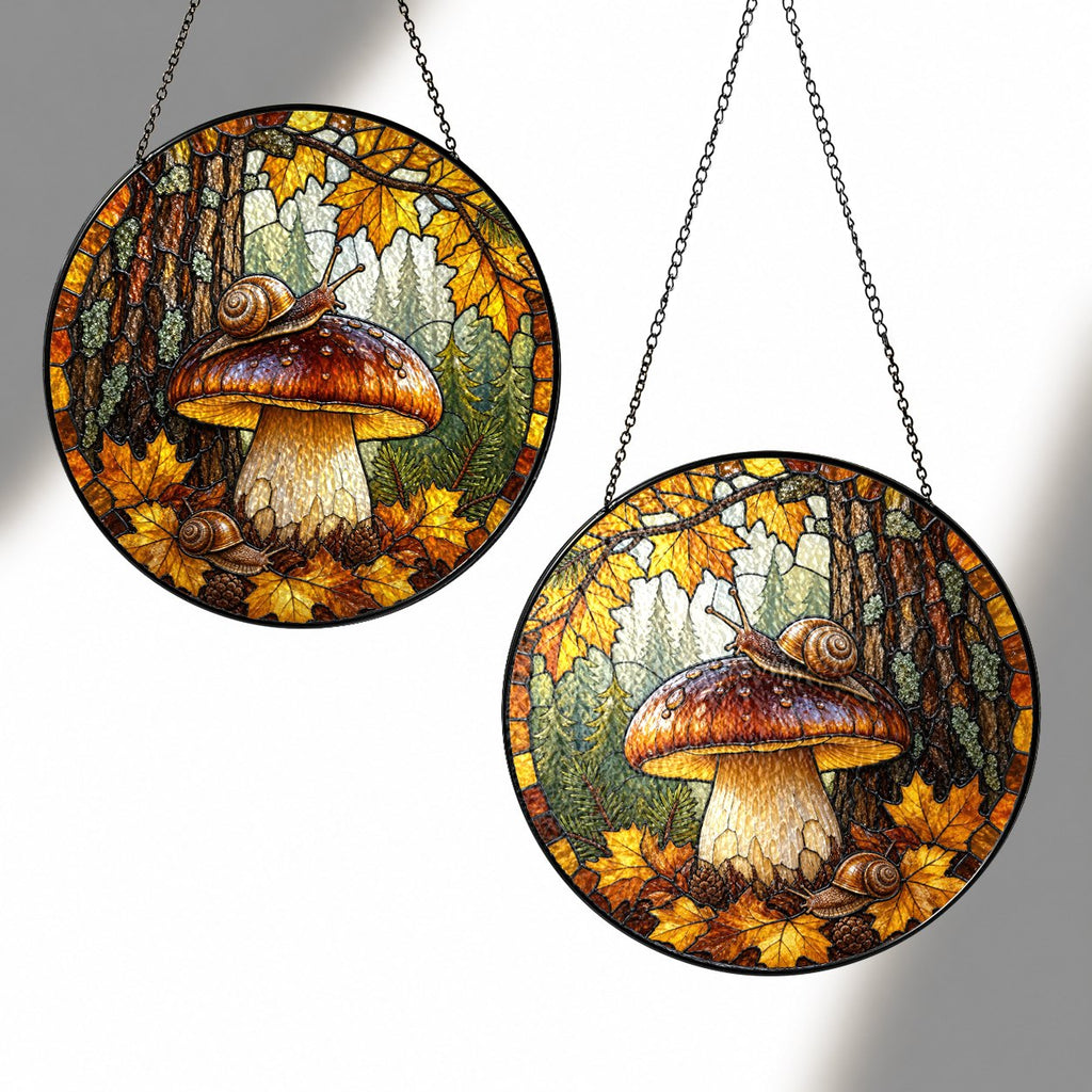 Snail on Forest Mushroom Stained Glass Suncatcher