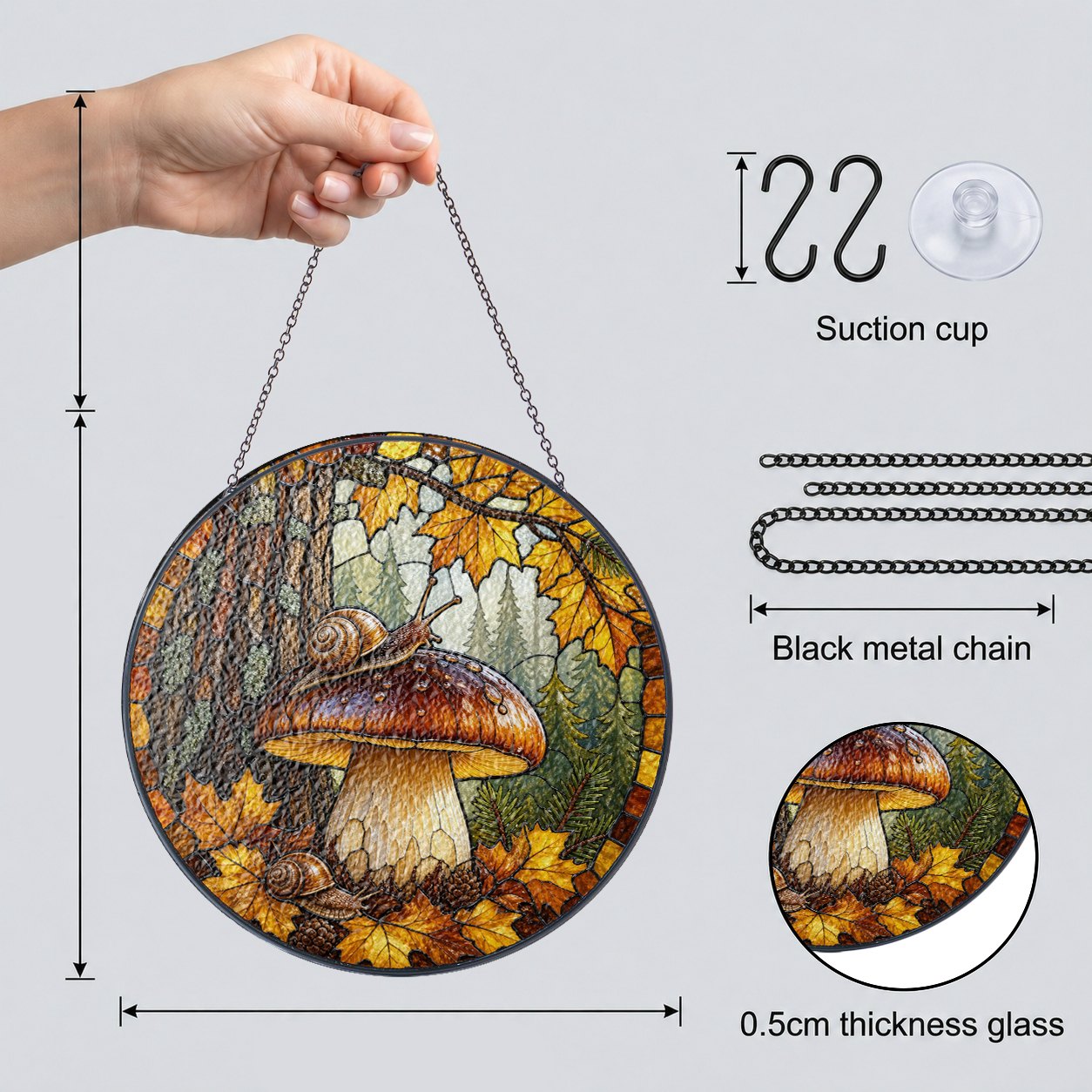 Snail on Forest Mushroom Stained Glass Suncatcher