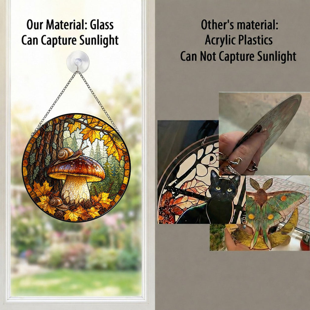 Snail on Forest Mushroom Stained Glass Suncatcher