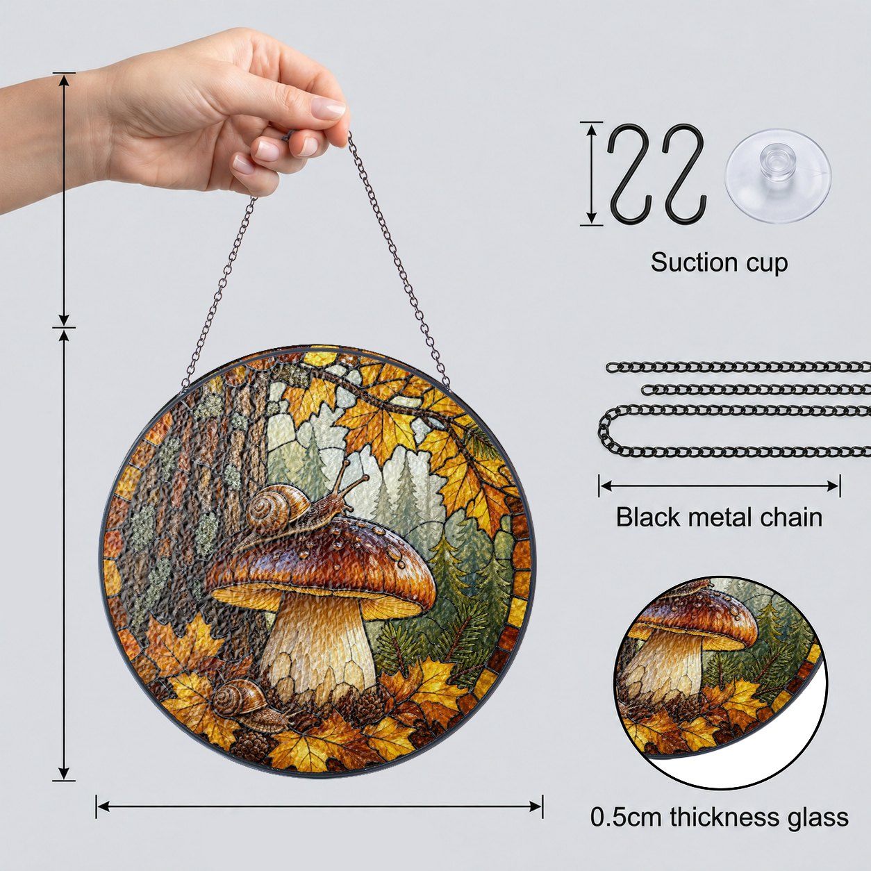 Snail on Forest Mushroom Stained Glass Suncatcher