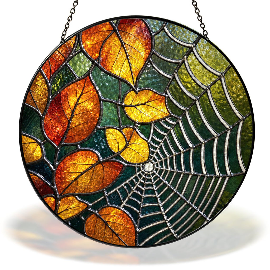 Autumn leaves and spider web stained glass suncatcher