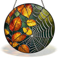 Autumn leaves and spider web stained glass suncatcher