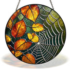 Autumn leaves and spider web stained glass suncatcher