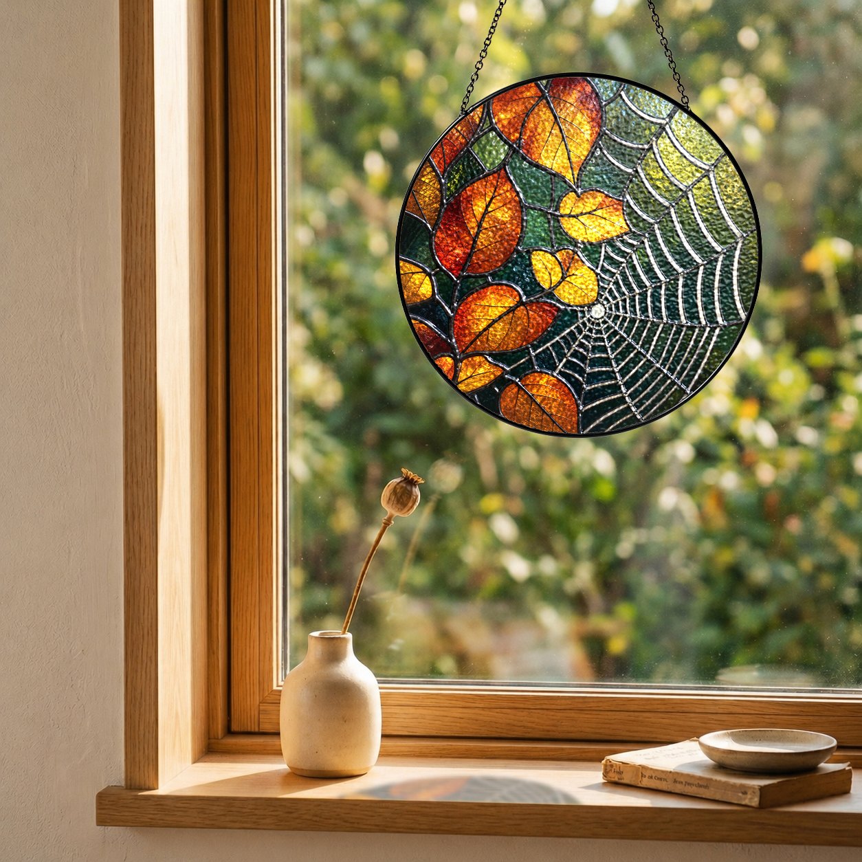 Autumn Leaves & Spider Web Stained Glass Suncatcher