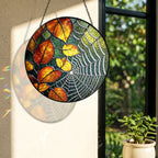 Autumn Leaves & Spider Web Stained Glass Suncatcher