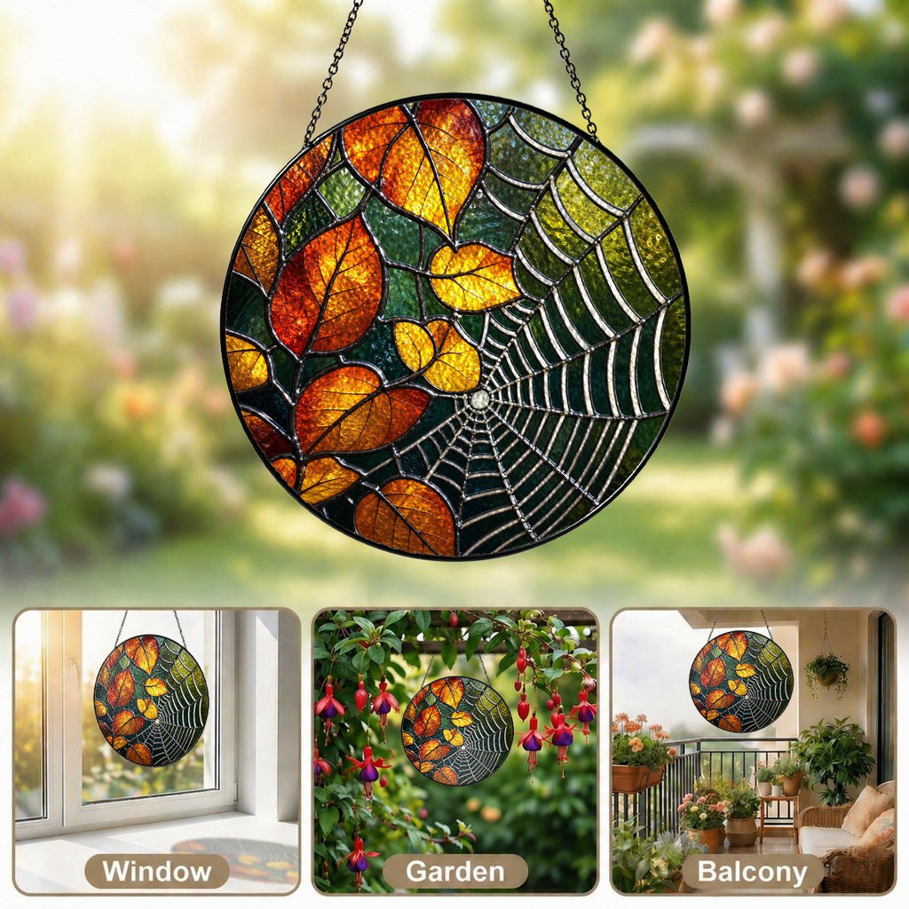 Autumn Leaves & Spider Web Stained Glass Suncatcher
