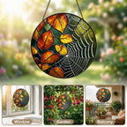 Autumn Leaves & Spider Web Stained Glass Suncatcher