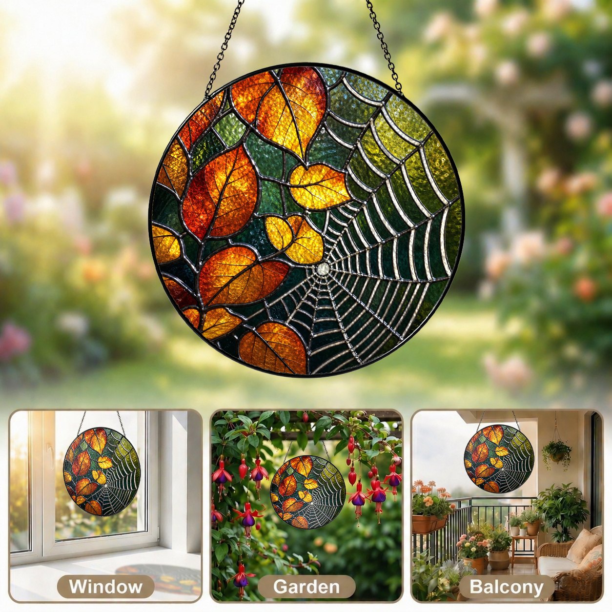 Autumn Leaves & Spider Web Stained Glass Suncatcher