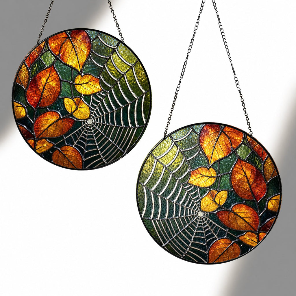 Autumn Leaves & Spider Web Stained Glass Suncatcher