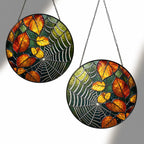 Autumn Leaves & Spider Web Stained Glass Suncatcher