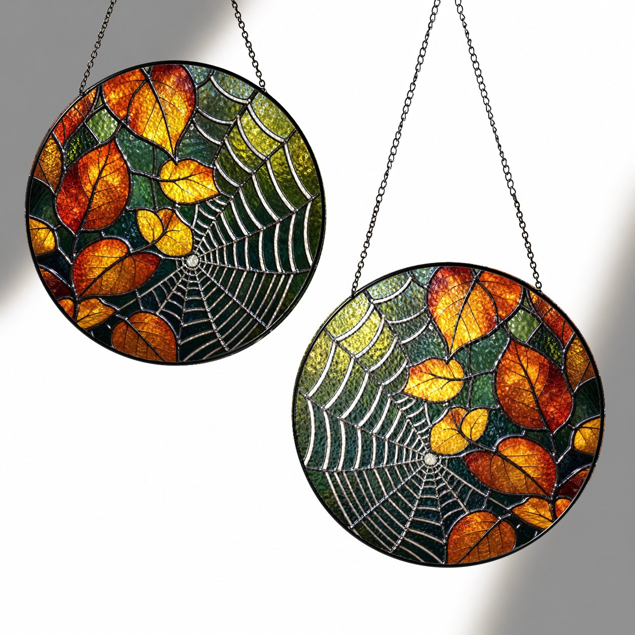 Autumn Leaves & Spider Web Stained Glass Suncatcher