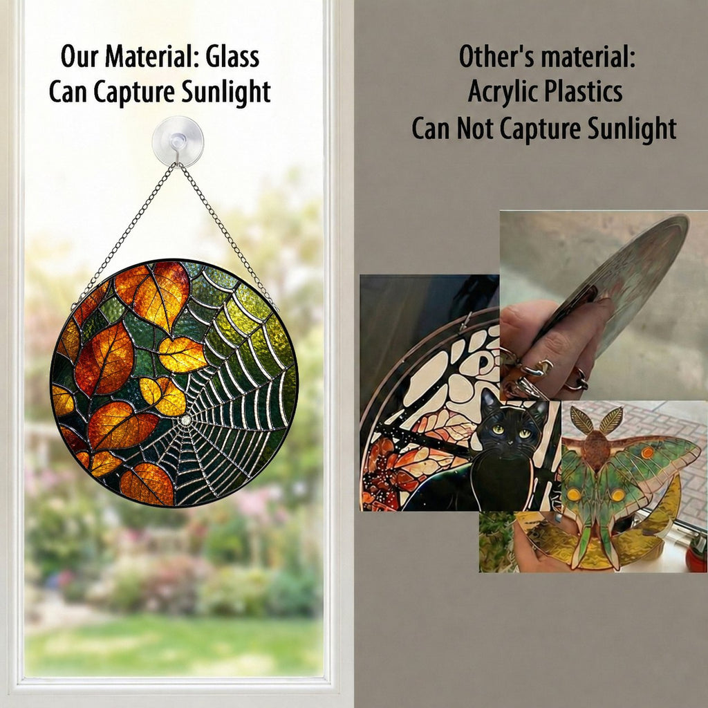 Autumn Leaves & Spider Web Stained Glass Suncatcher