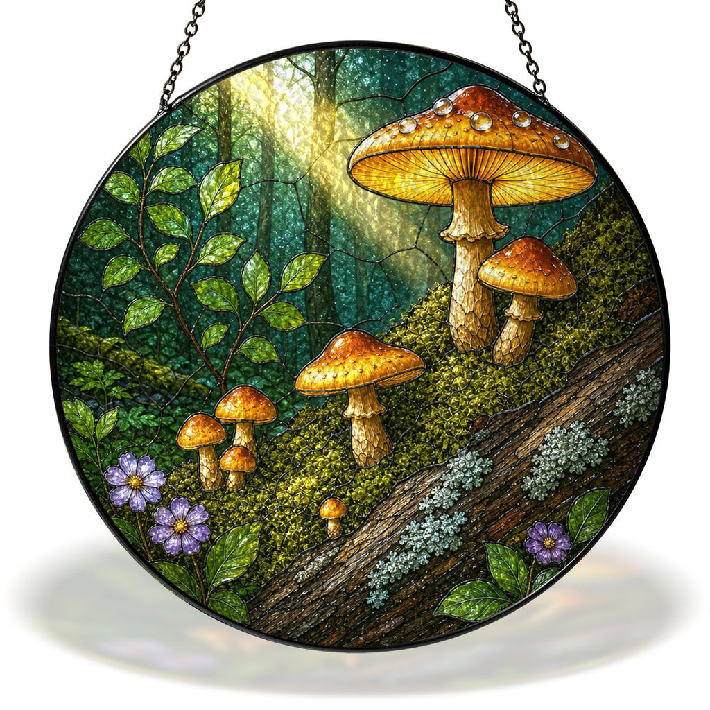 Golden forest mushrooms stained glass suncatcher