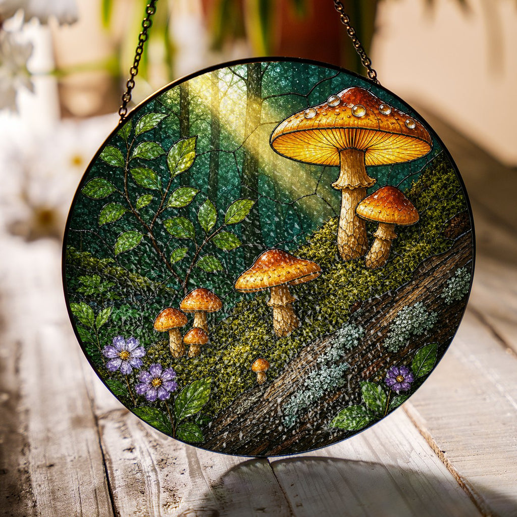 Golden Forest Mushrooms Stained Glass Suncatcher