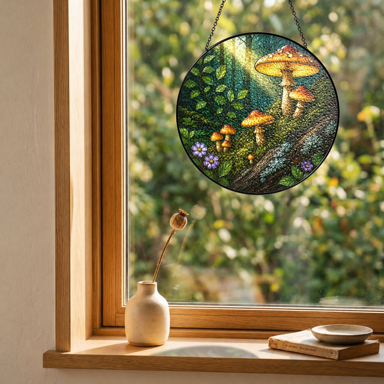 Golden Forest Mushrooms Stained Glass Suncatcher