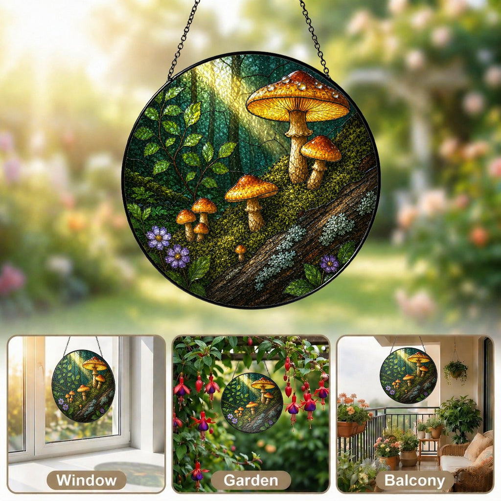 Golden Forest Mushrooms Stained Glass Suncatcher