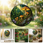 Golden Forest Mushrooms Stained Glass Suncatcher