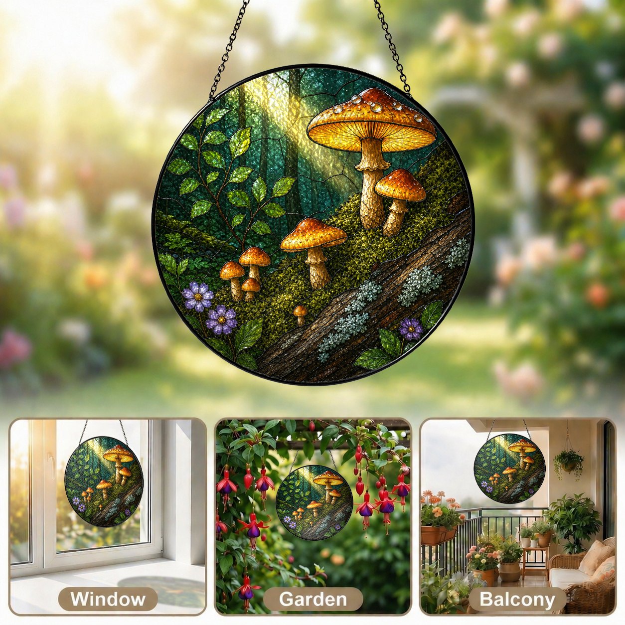 Golden Forest Mushrooms Stained Glass Suncatcher