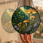 Golden Forest Mushrooms Stained Glass Suncatcher
