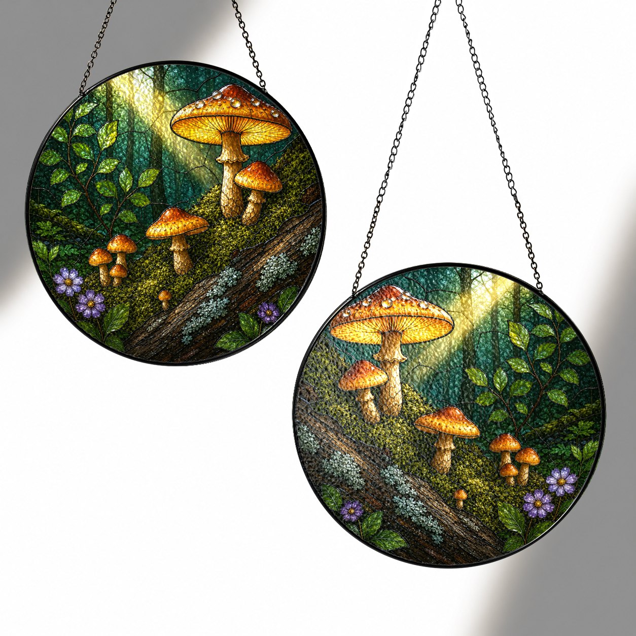 Golden Forest Mushrooms Stained Glass Suncatcher