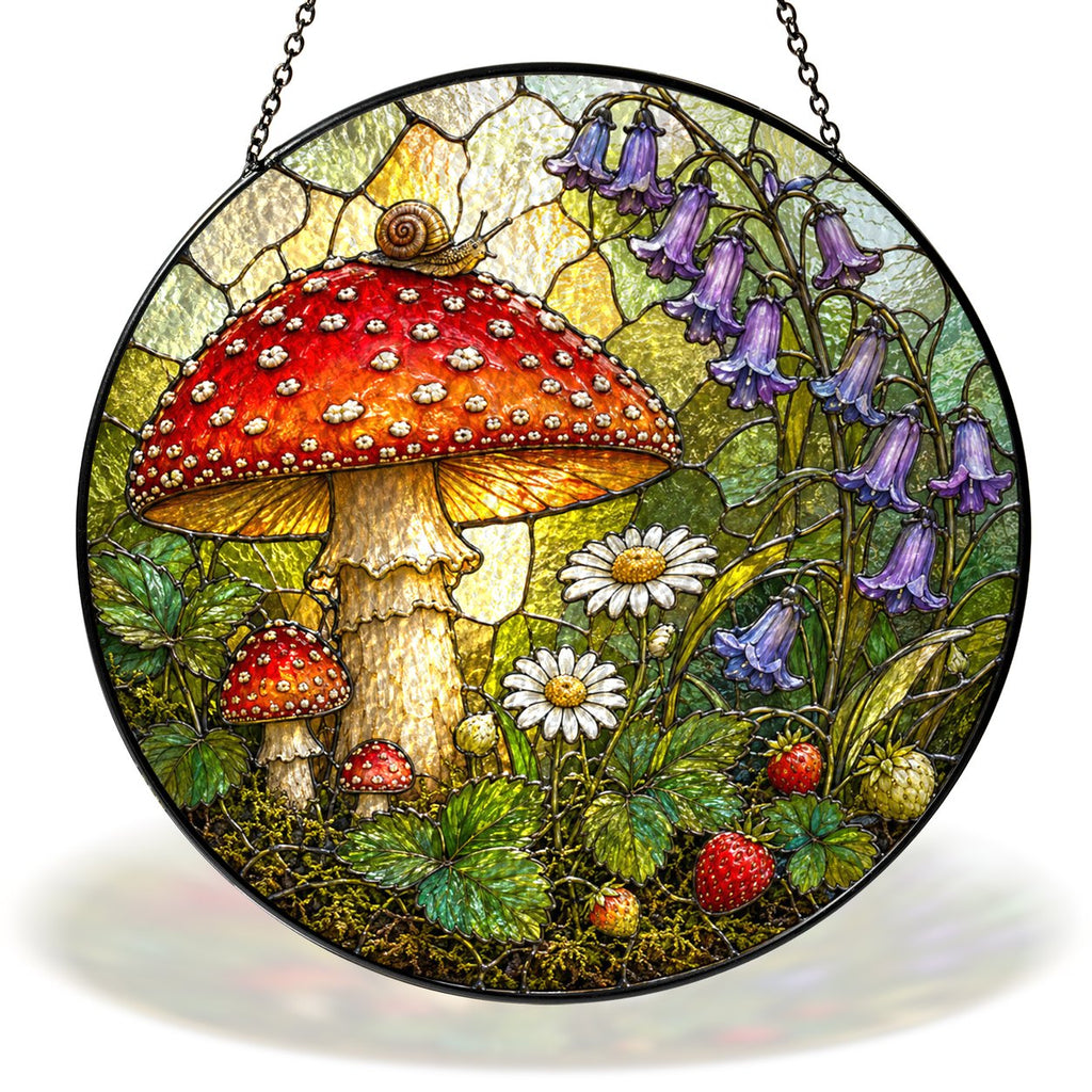 Toadstool with snail and woodland flowers stained glass suncatcher