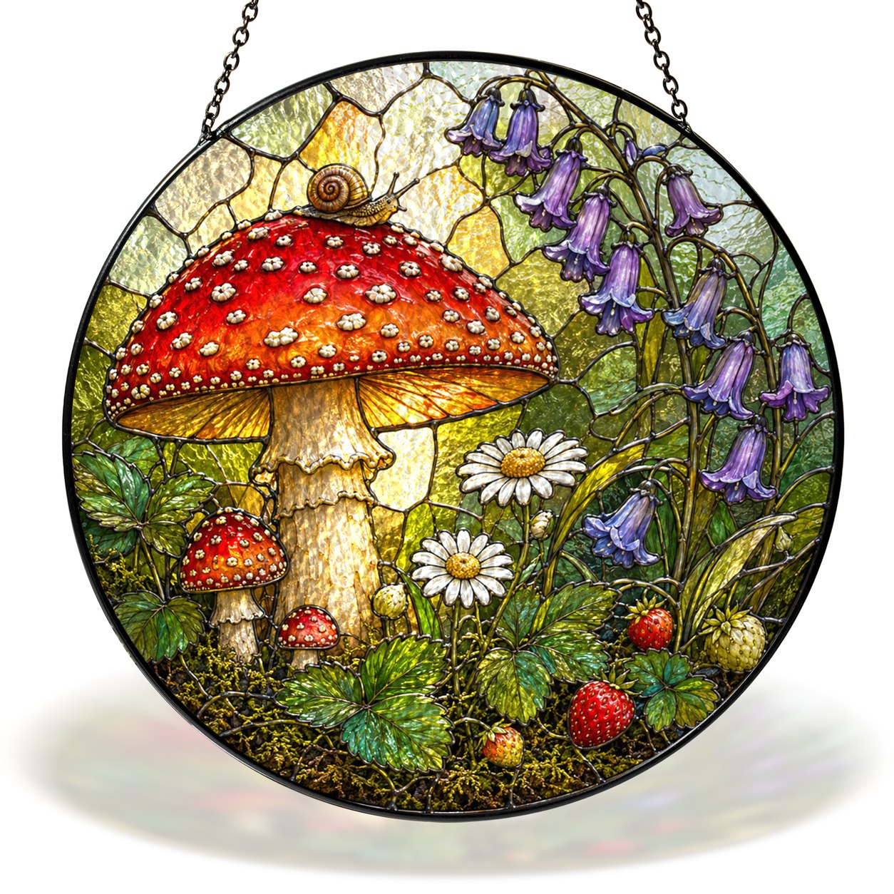 Toadstool with snail and woodland flowers stained glass suncatcher
