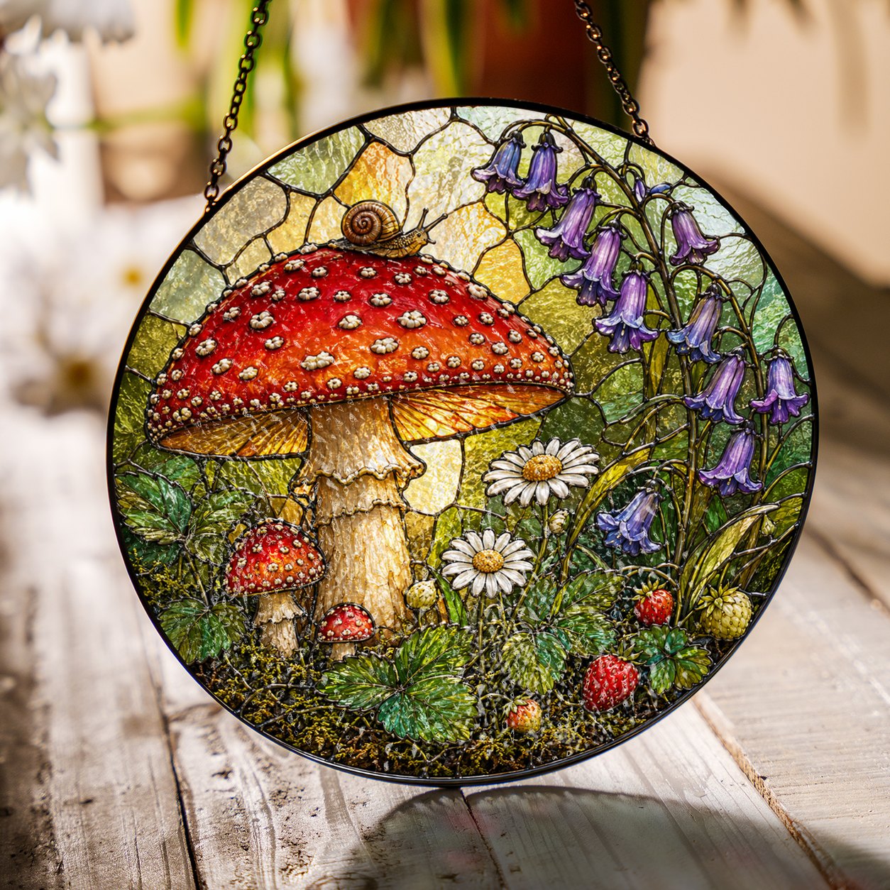 Toadstool, Snail & Woodland Blooms Stained Glass Suncatcher
