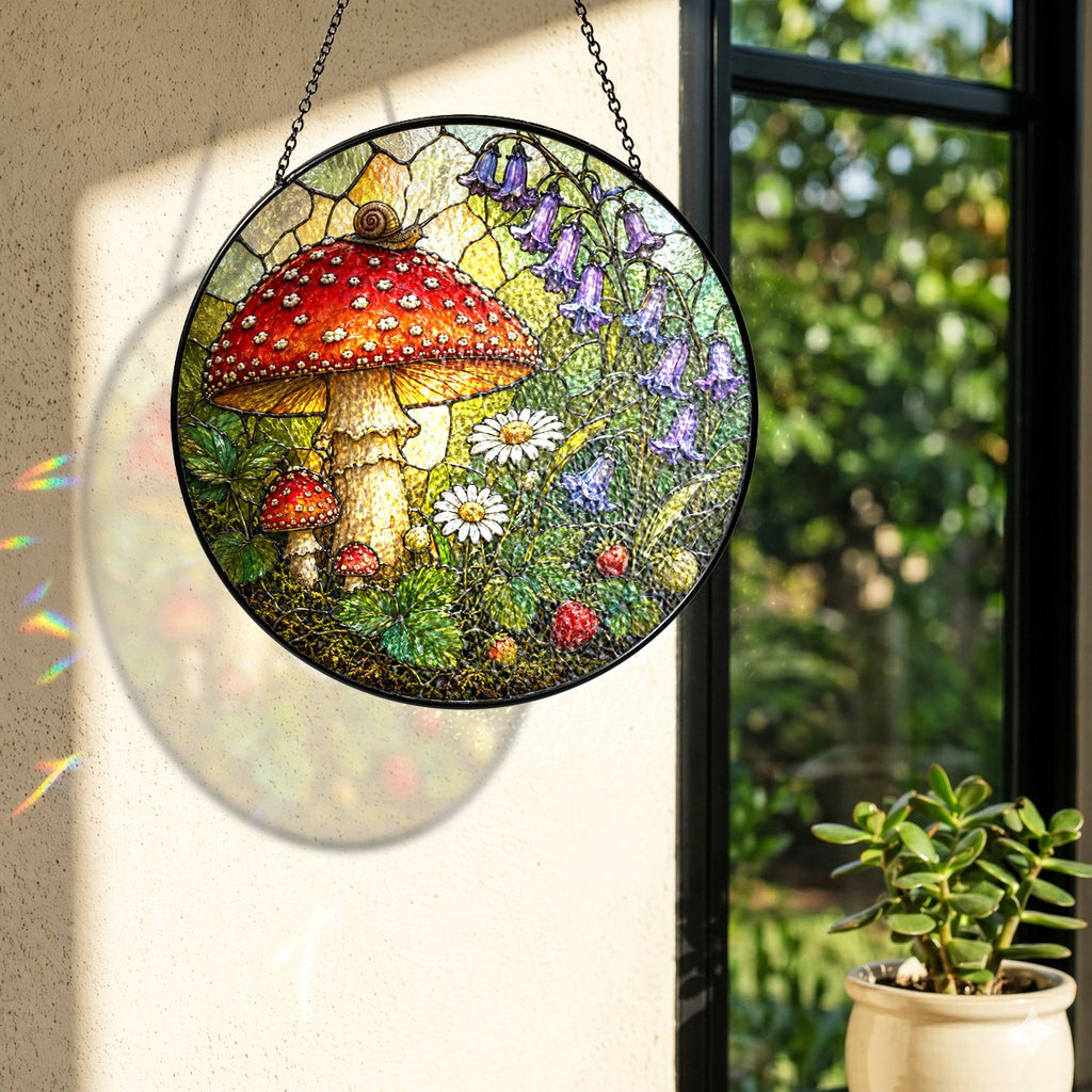 Toadstool, Snail & Woodland Blooms Stained Glass Suncatcher
